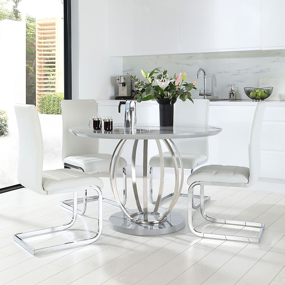 Savoy Round Grey High Gloss And Chrome Dining Table With 4 Perth White Leather Chairs Only £699 4073