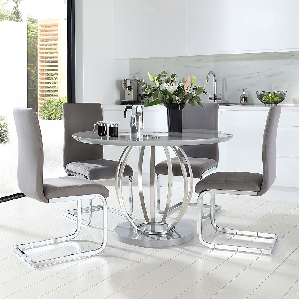 Savoy Round Grey High Gloss And Chrome Dining Table With 4 Perth Grey Velvet Chairs Only £69999 3989