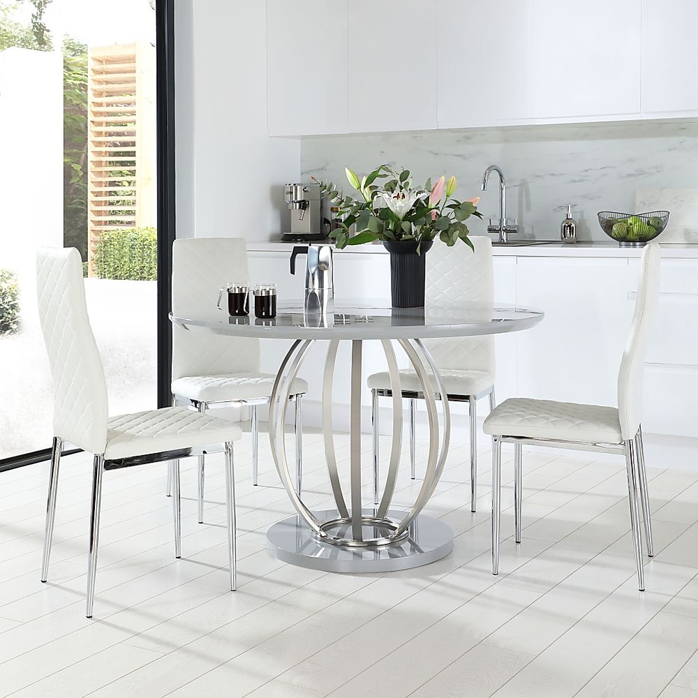 Savoy Round Grey High Gloss And Chrome Dining Table With 4 Renzo White