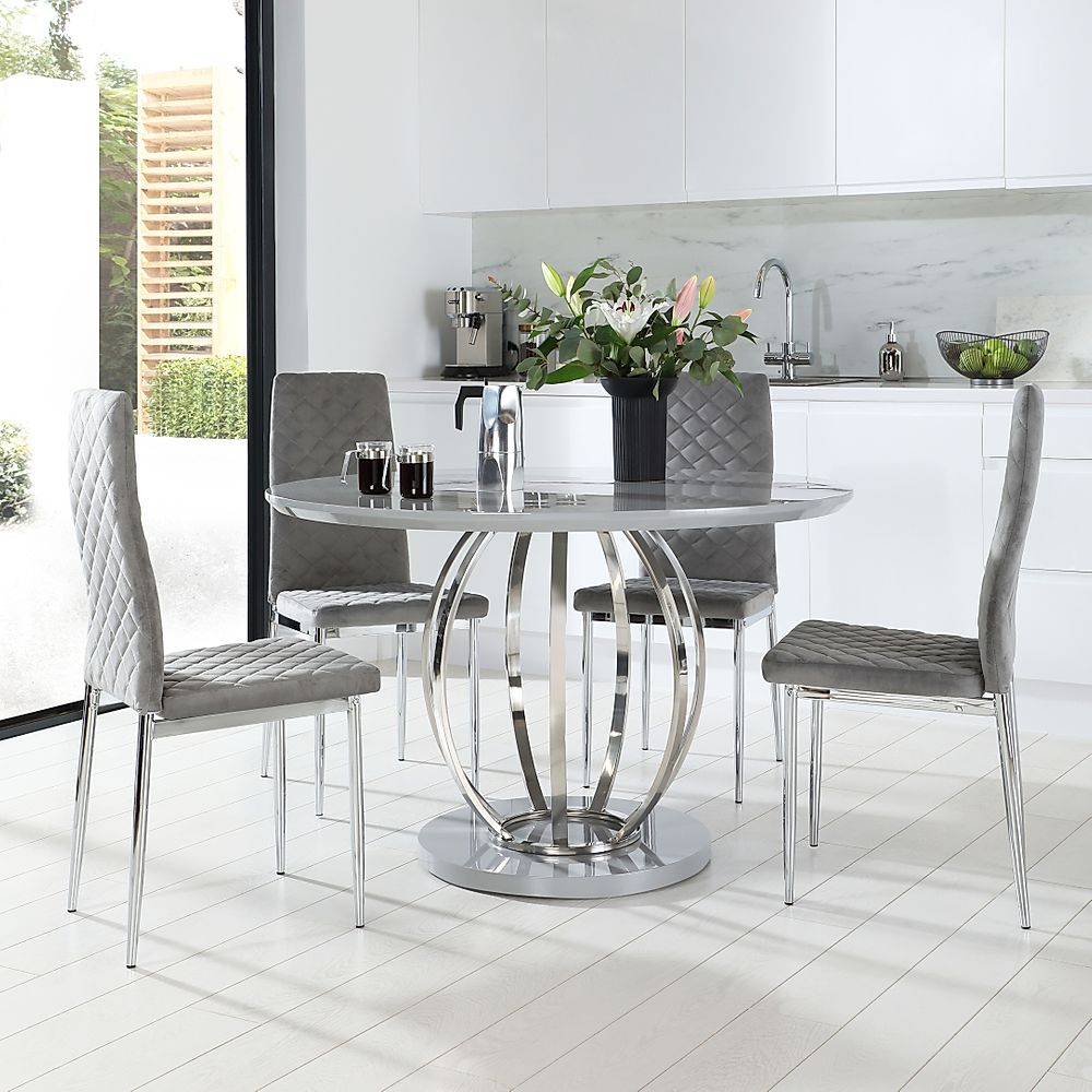 Savoy Round Grey High Gloss And Chrome Dining Table With 4 Renzo Grey
