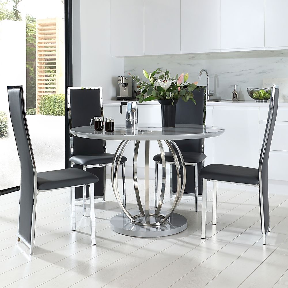 Savoy Round Grey High Gloss And Chrome Dining Table With 4 Celeste Grey Leather Chairs Only £729 4300