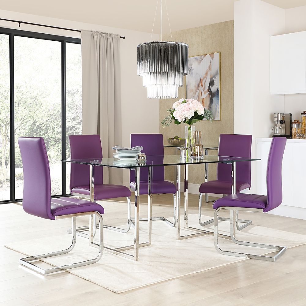 Lisbon Chrome and Glass Dining Table with 6 Perth Purple Leather Chairs
