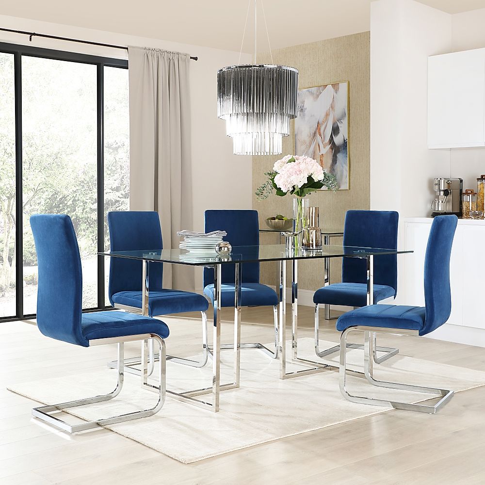 Lisbon Chrome And Glass Dining Table With 4 Perth Blue Velvet Chairs