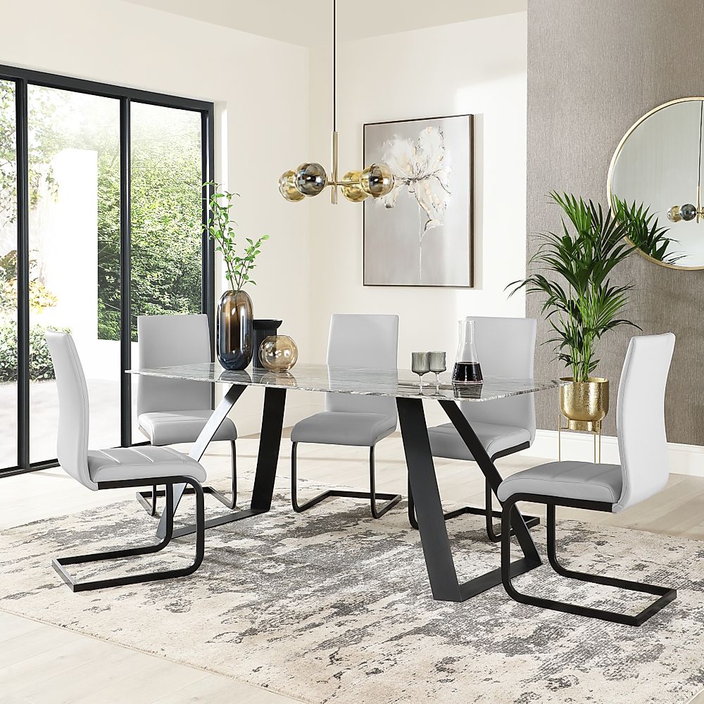 Ancona Marble Dining Table with 6 Perth Light Grey Leather Chairs