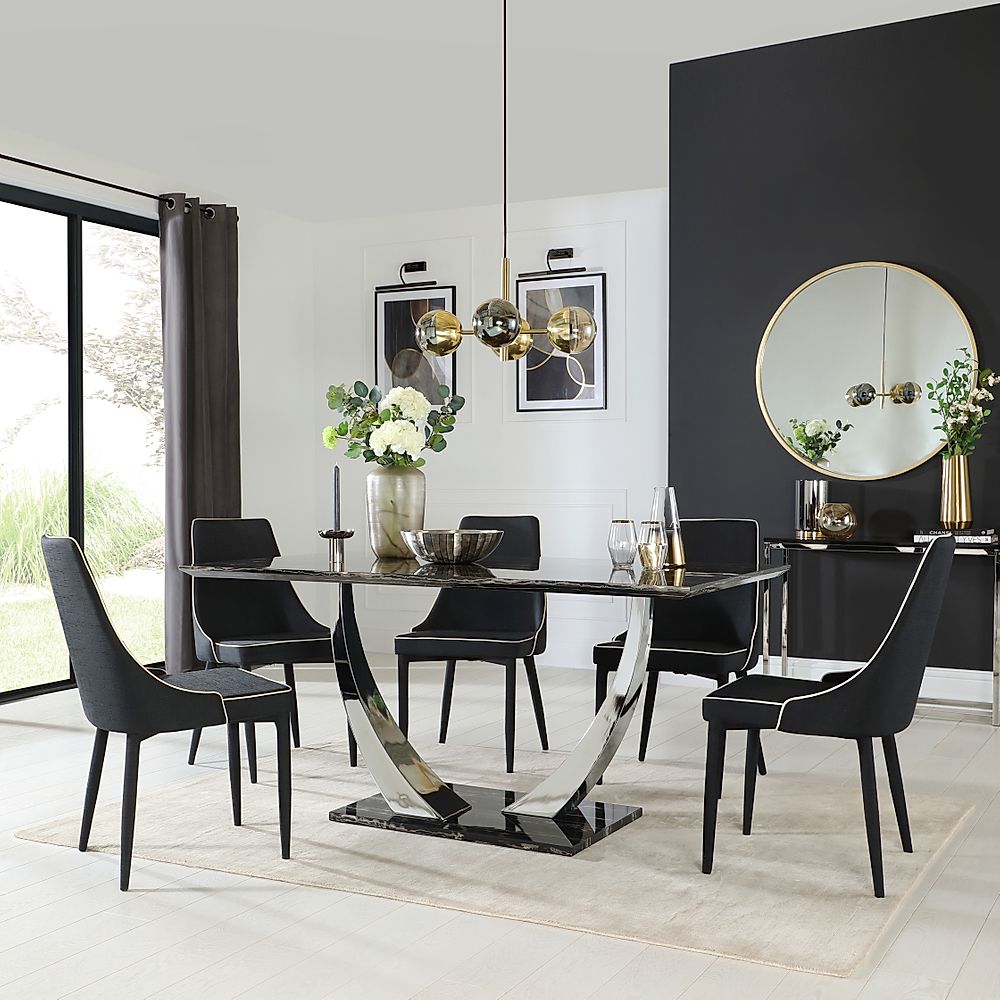 Peake Dining Table And 4 Modena Chairs Black Marble Effect And Chrome Black Classic Linen Weave 3268