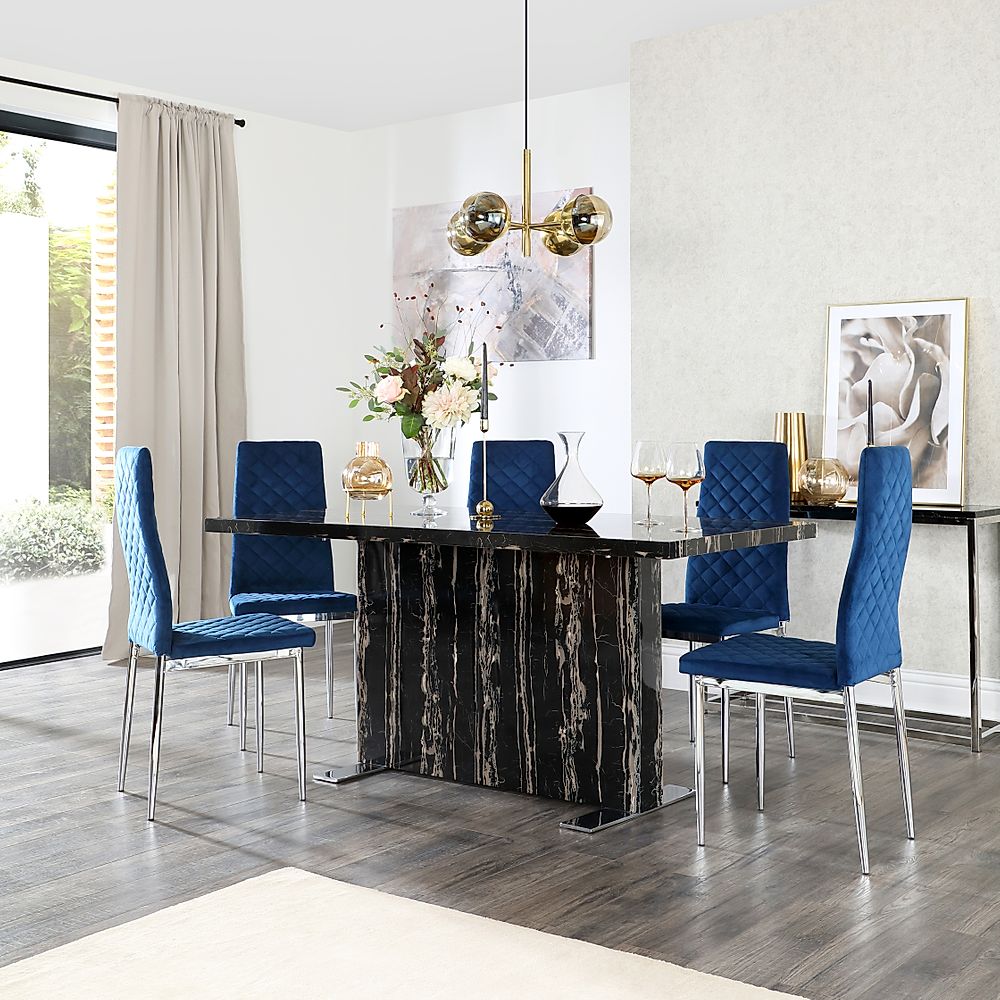 black dining table with blue chairs