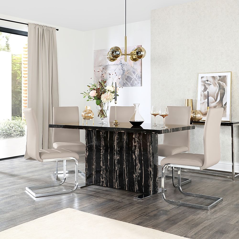 Magnus Black Marble Dining Table with 6 Perth Taupe Leather Chairs ...