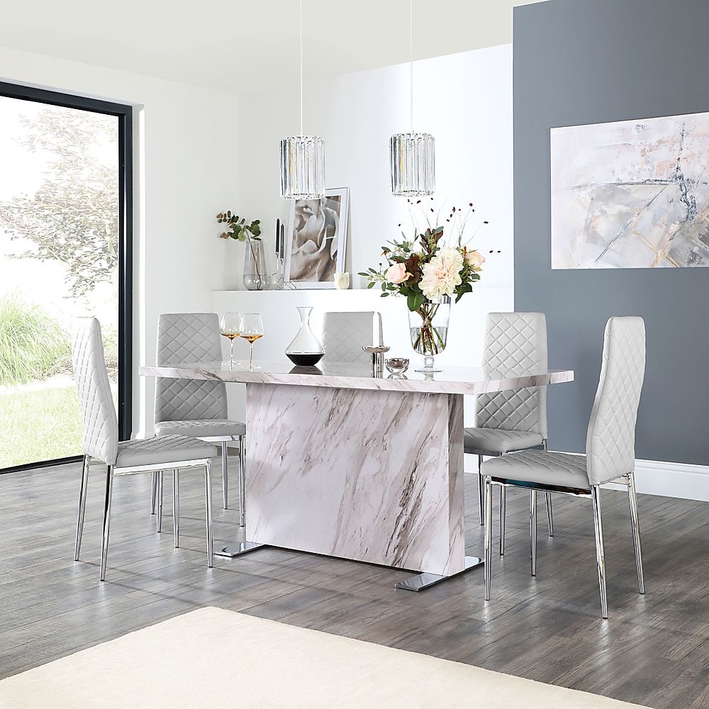 Magnus Grey Marble Dining Table With 4 Renzo Light Grey Leather Chairs 