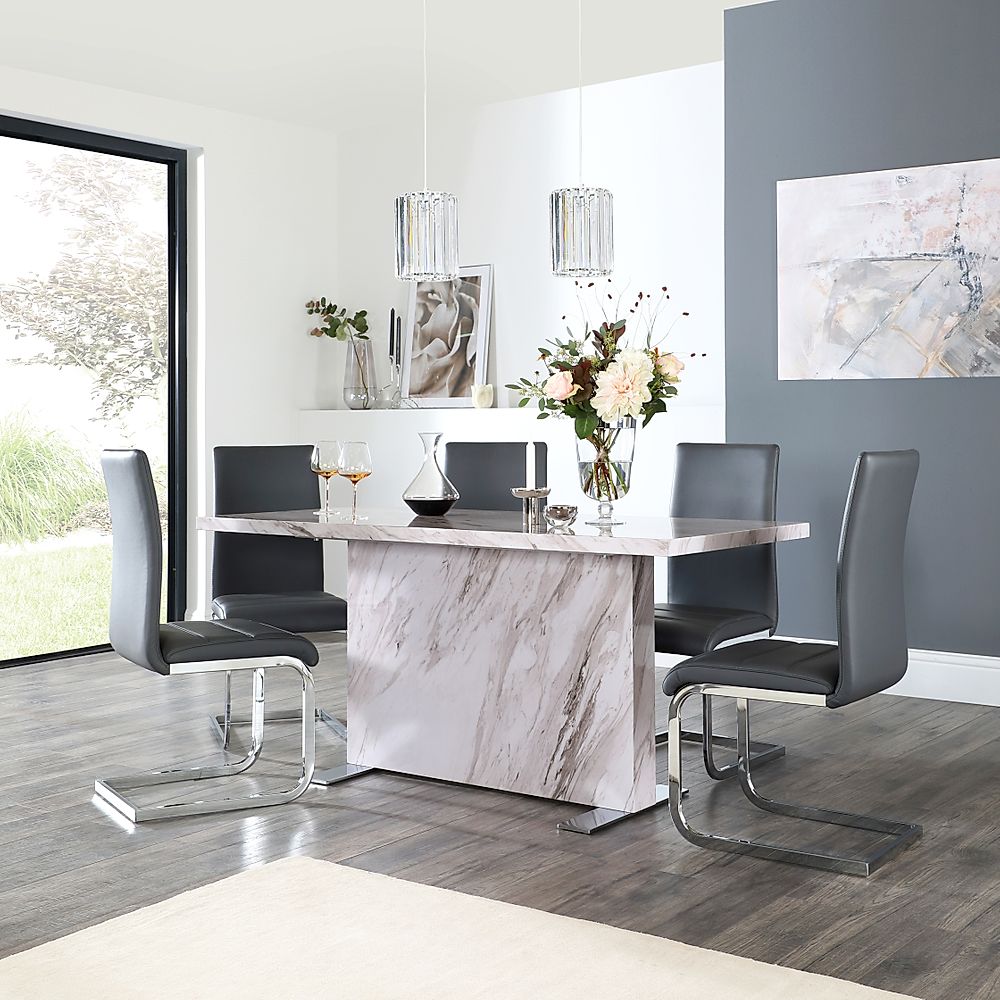 Magnus Grey Marble Dining Table with 6 Perth Grey Leather Chairs ...