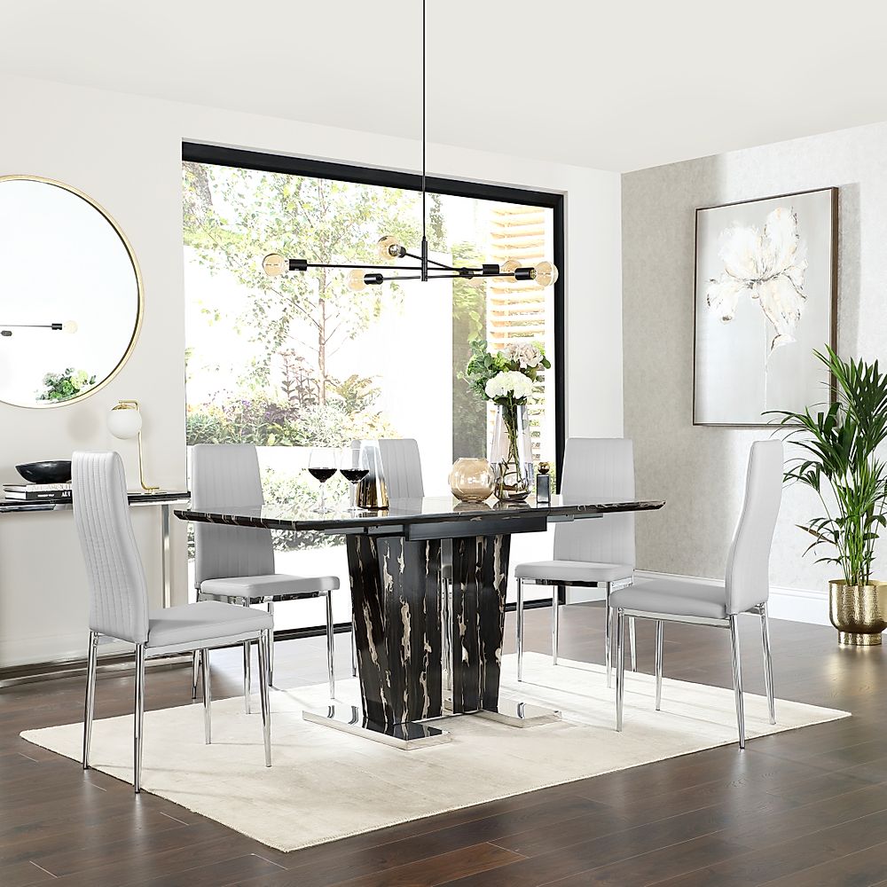 Vienna Black Marble Extending Dining Table With 6 Leon Light Grey Leather Chairs Furniture And