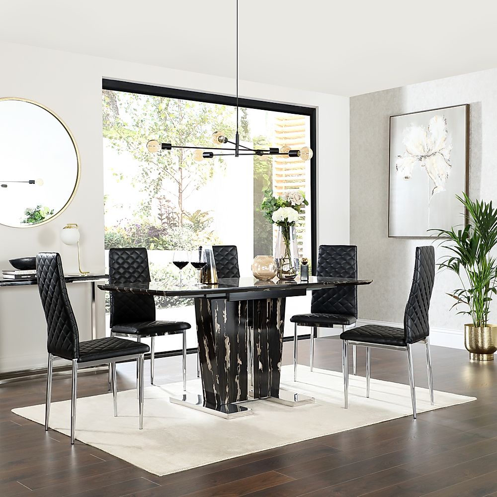 Vienna Black Marble Extending Dining Table With 6 Renzo Black Leather Chairs Furniture And Choice