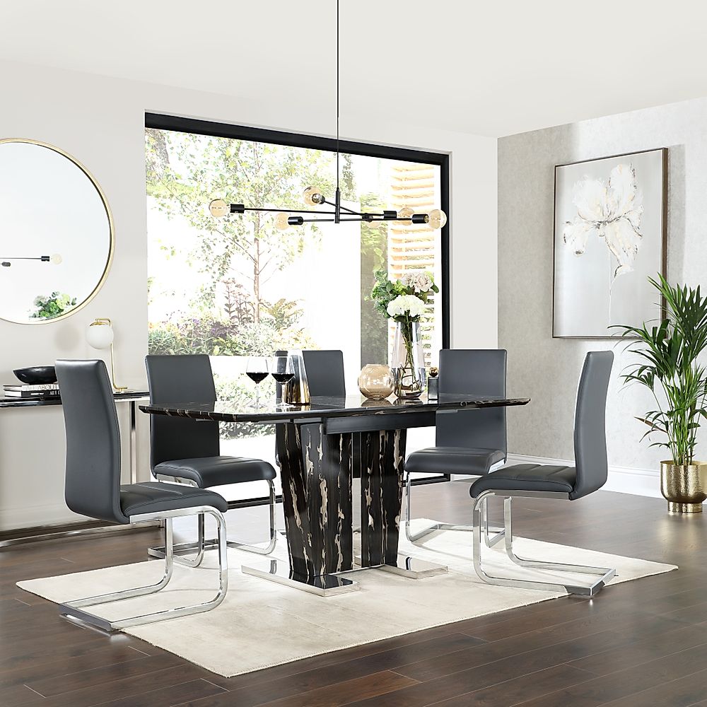 Vienna Black Marble Extending Dining Table With 6 Perth Grey Leather Chairs Furniture And Choice