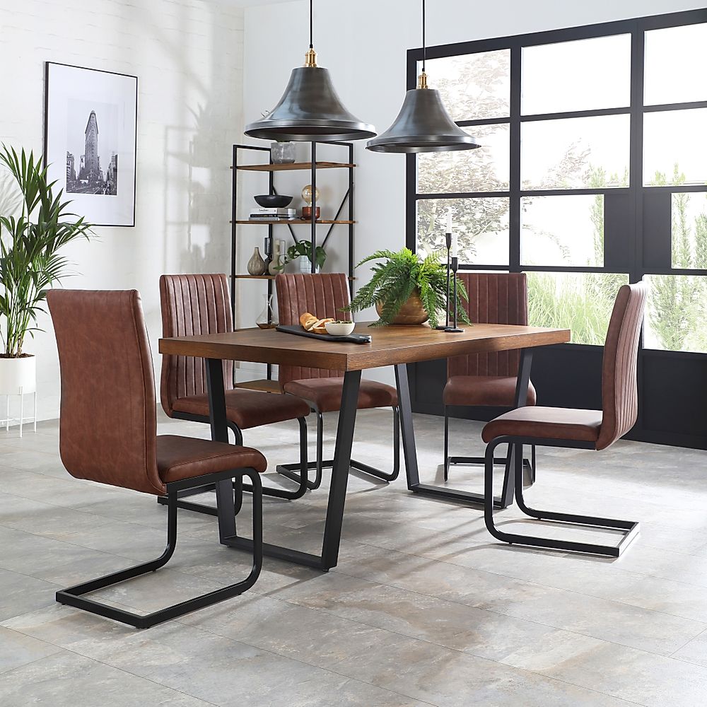 Addison Industrial Dining Table & 6 Perth Chairs, Dark Oak Veneer & Black Steel, Tan Classic Faux Leather, 150cm