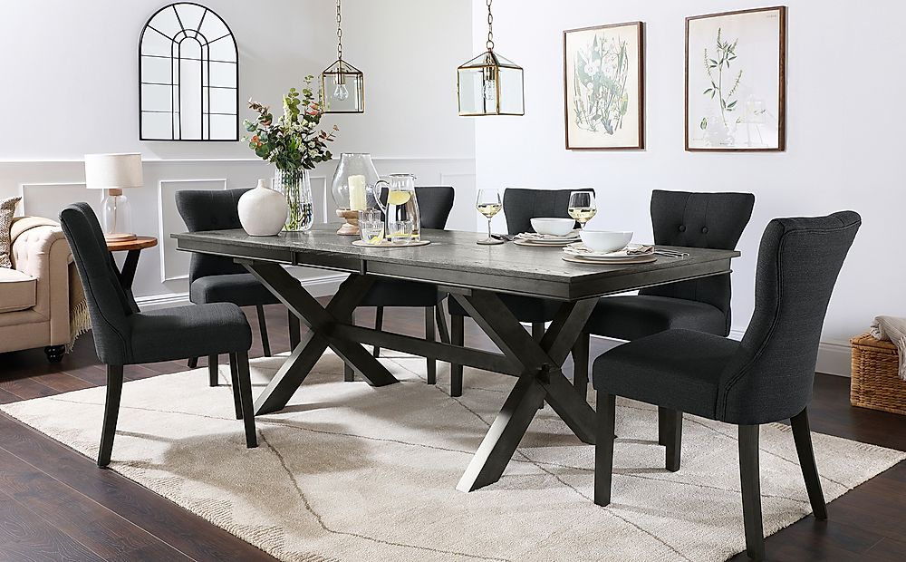 Grange Grey Wood Extending Dining Table with 6 Bewley Slate Fabric