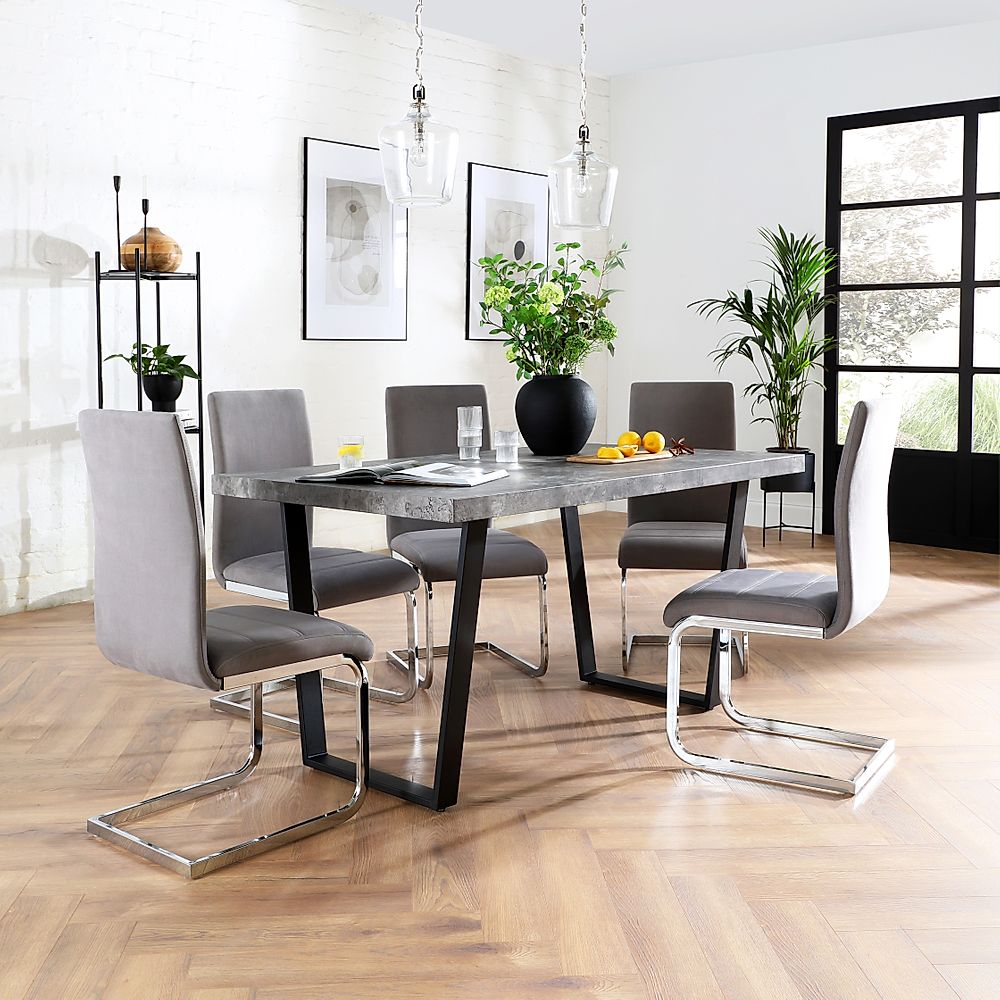 Addison Industrial Dining Table & 6 Perth Chairs, Grey Concrete Effect ...