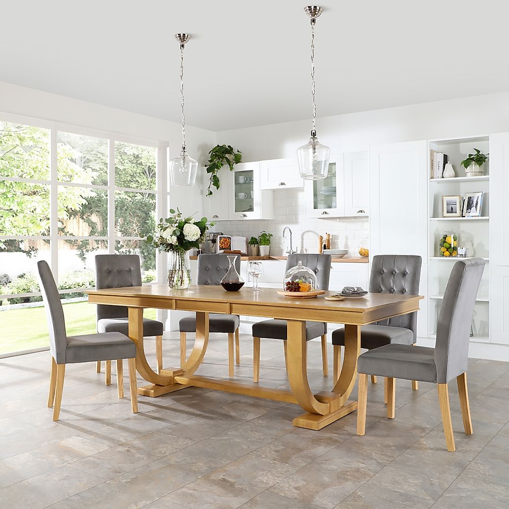 Pavilion Oak Extending Dining Table with 8 Regent Grey Velvet Chairs ...