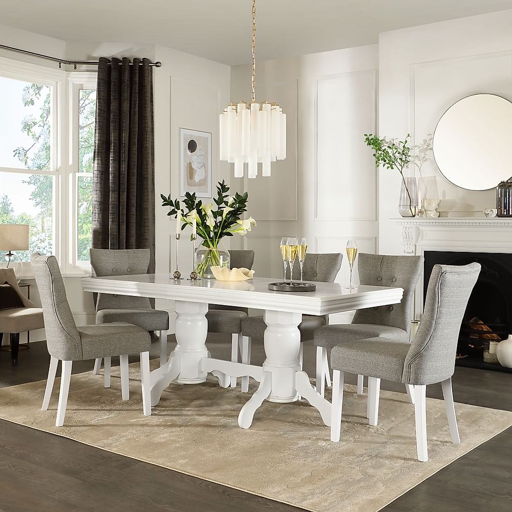 Chatsworth Extending Dining Table & 6 Bewley Chairs, White Wood, Light Grey Classic Linen-Weave Fabric, 150-180cm