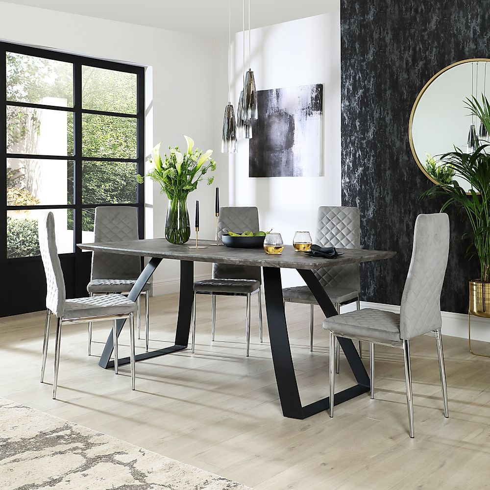 Ancona Concrete Dining Table with 4 Renzo Grey Velvet Chairs ...