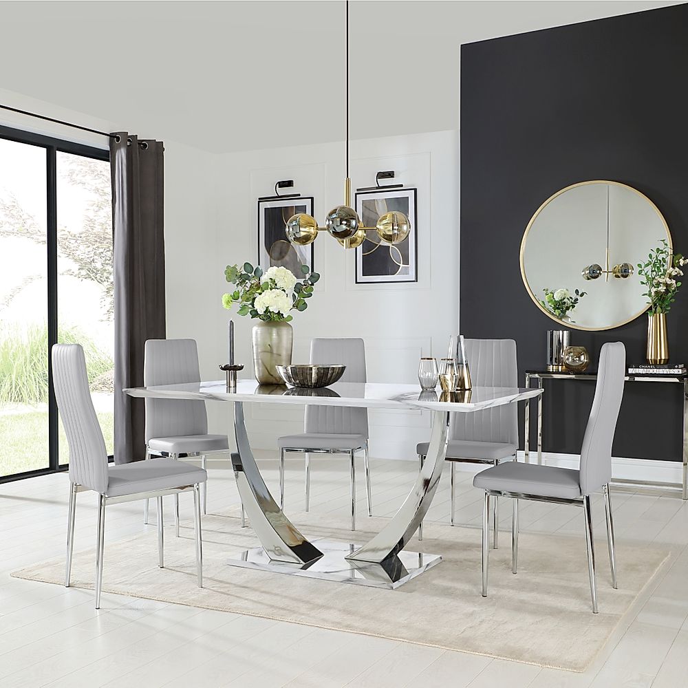 Peake Dining Table & 6 Leon Chairs, White Marble Effect & Chrome, Light Grey Classic Faux Leather, 160cm