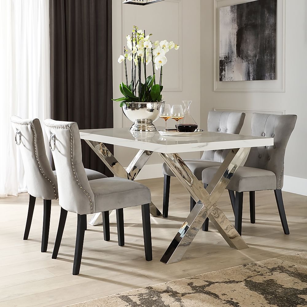 Carrera 150cm White Marble and Chrome Dining Table with 4 Kensington ...