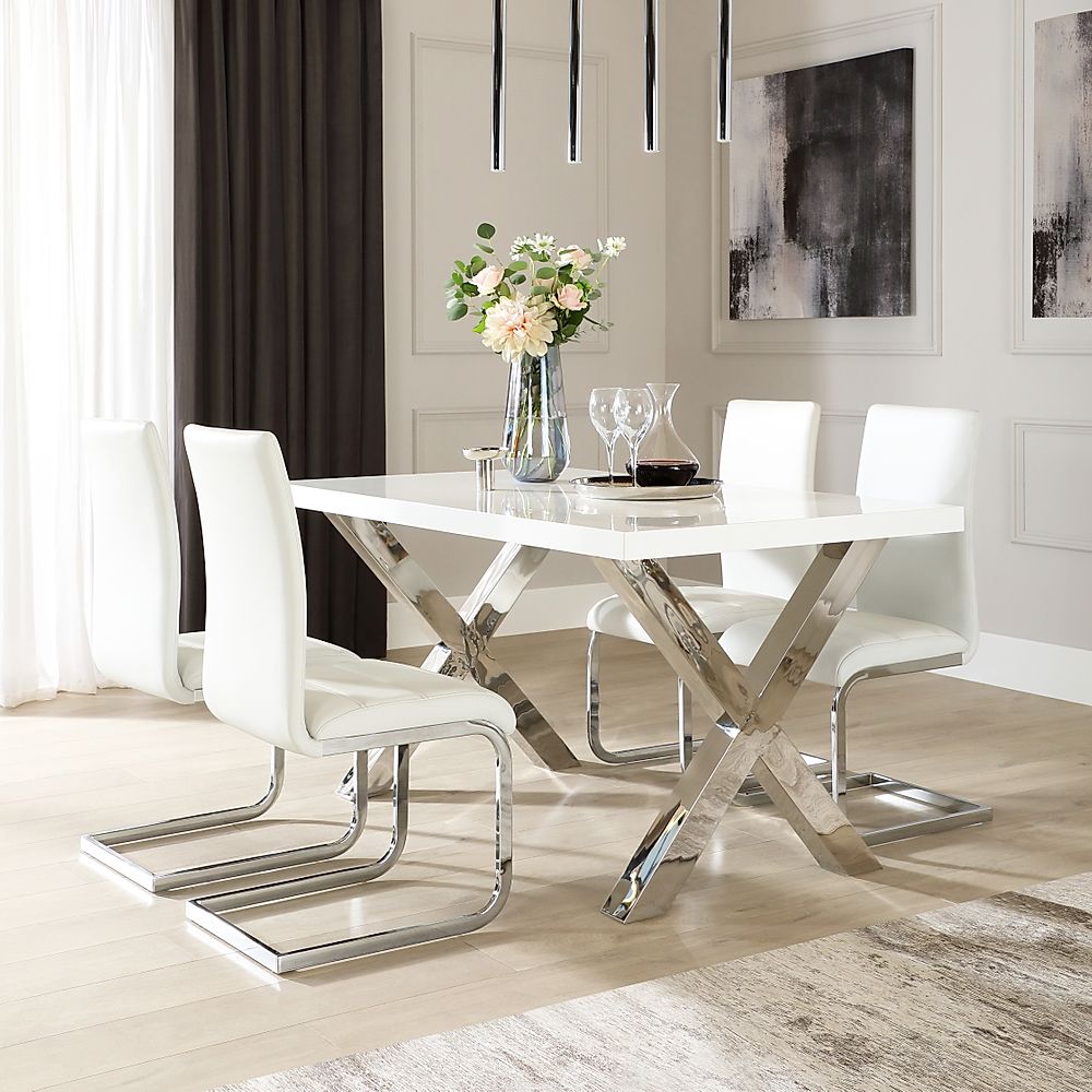 Carrera Dining Table & 4 Perth Chairs, White, Chrome, High Gloss, Steel ...