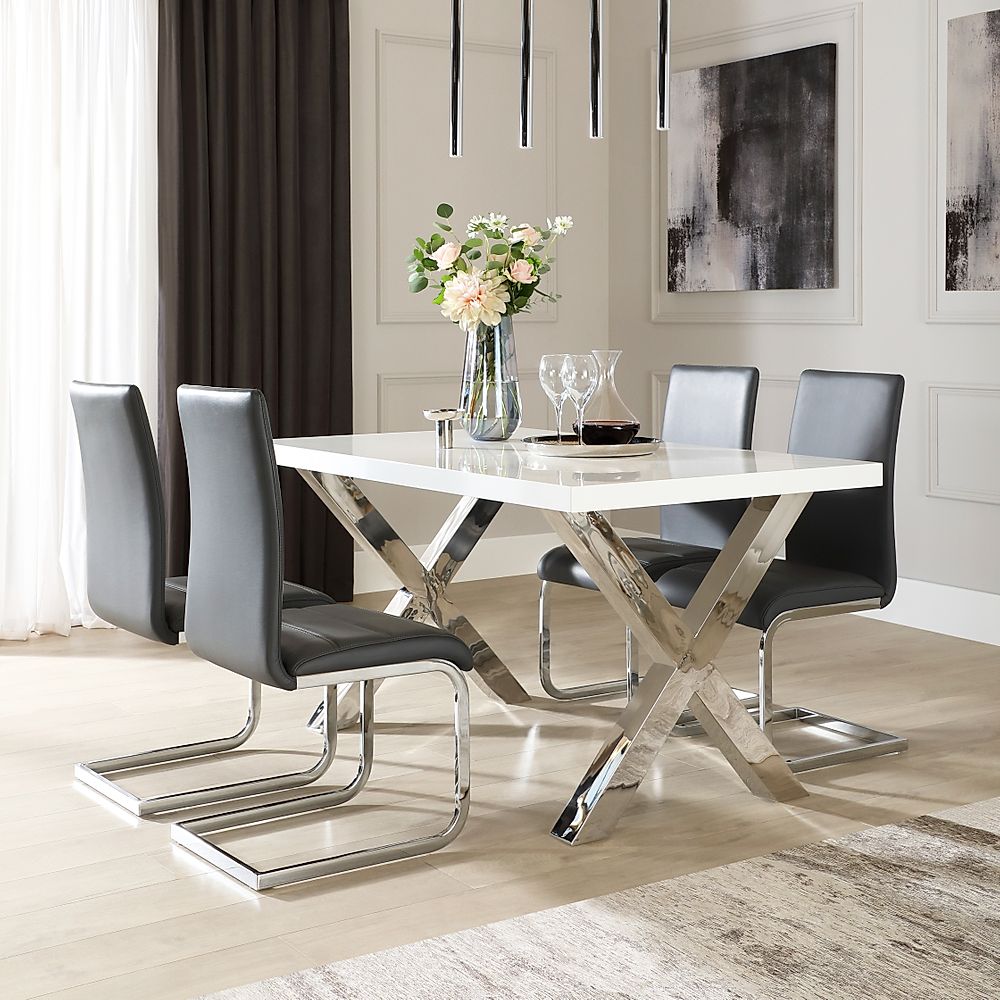 Carrera Dining Table And 4 Perth Chairs White Chrome High Gloss Steel Grey Classic Faux 3084