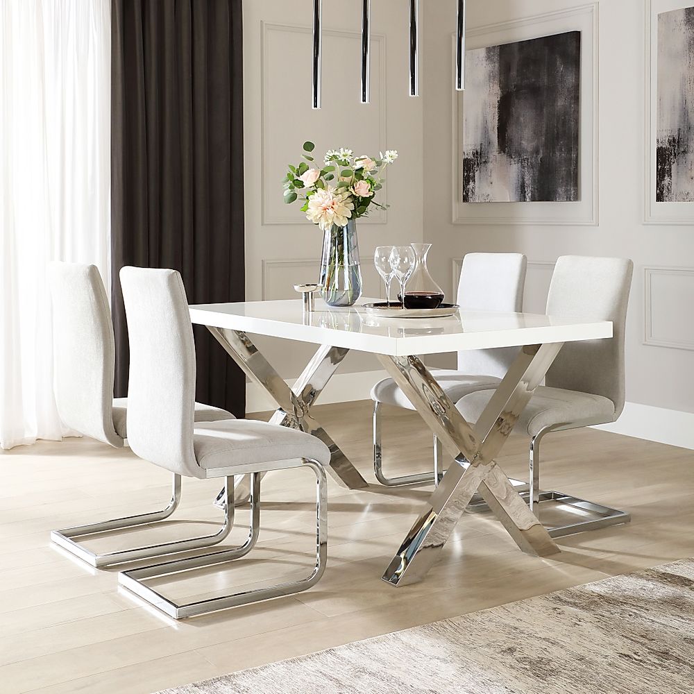 Carrera Dining Table & 4 Perth Chairs, White High Gloss & Chrome, Dove