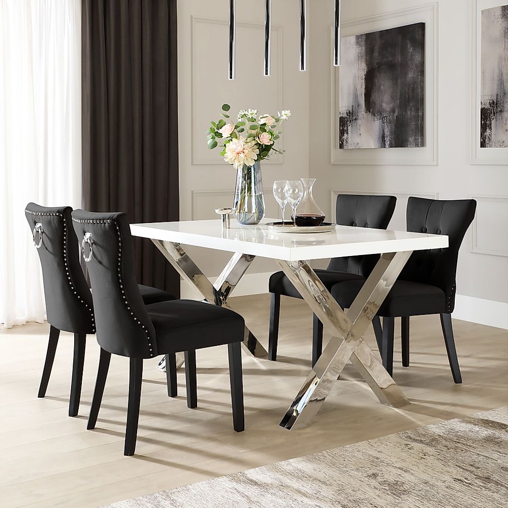 Carrera Dining Table & 4 Kensington Chairs, White High Gloss & Chrome ...