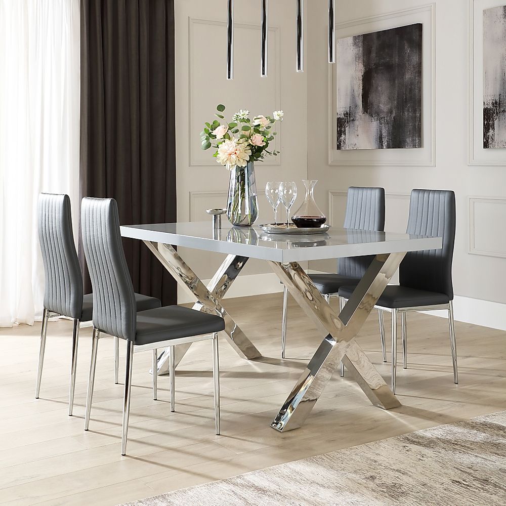 Carrera Dining Table & 4 Leon Chairs, Grey High Gloss & Chrome, Grey ...