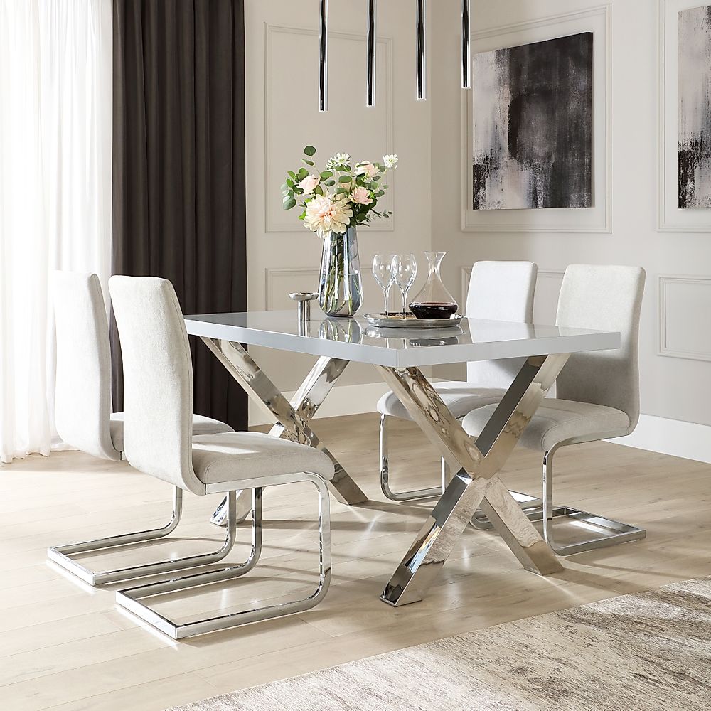 Carrera Dining Table & 4 Perth Chairs, Grey High Gloss & Chrome, Dove ...