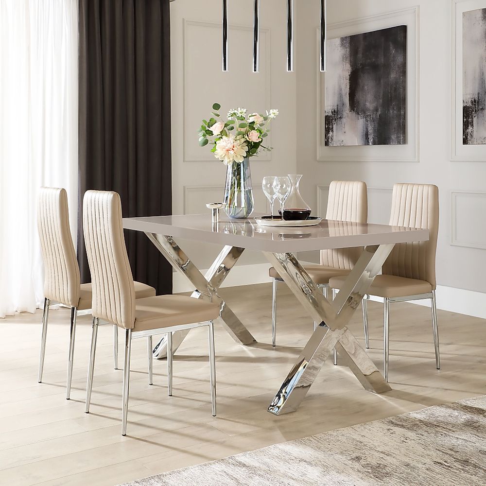 Carrera Dining Table & 4 Leon Chairs, Stone Grey High Gloss & Chrome ...