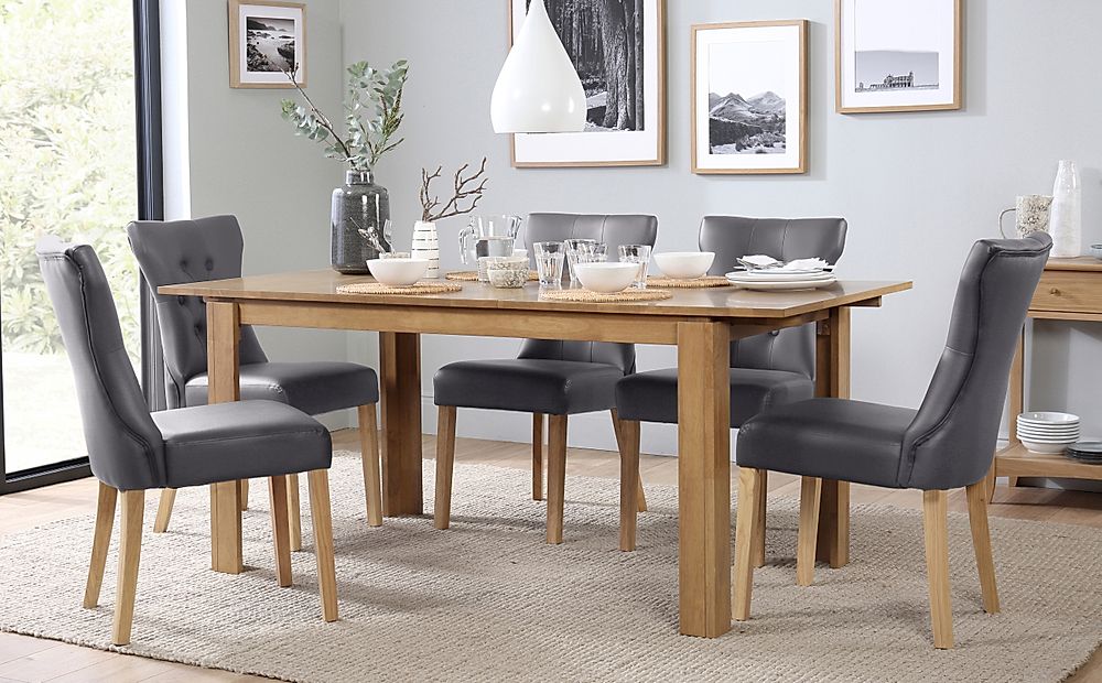 Bali Extending Dining Table & 4 Bewley Chairs, Natural Oak Finished Solid Hardwood, Grey Classic Faux Leather, 150-180cm