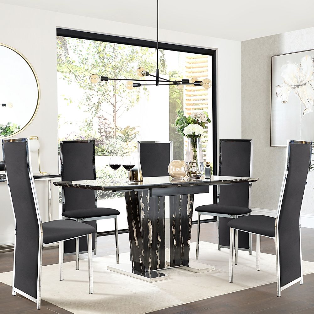 Vienna Black Marble Extending Dining Table With 4 Celeste Black Velvet Chairs Furniture And Choice