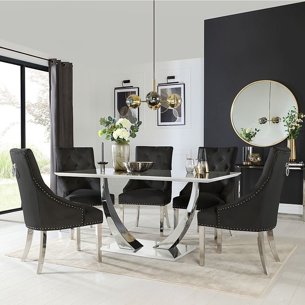 Peake White High Gloss and Chrome Dining Table with 4 Imperial Black ...