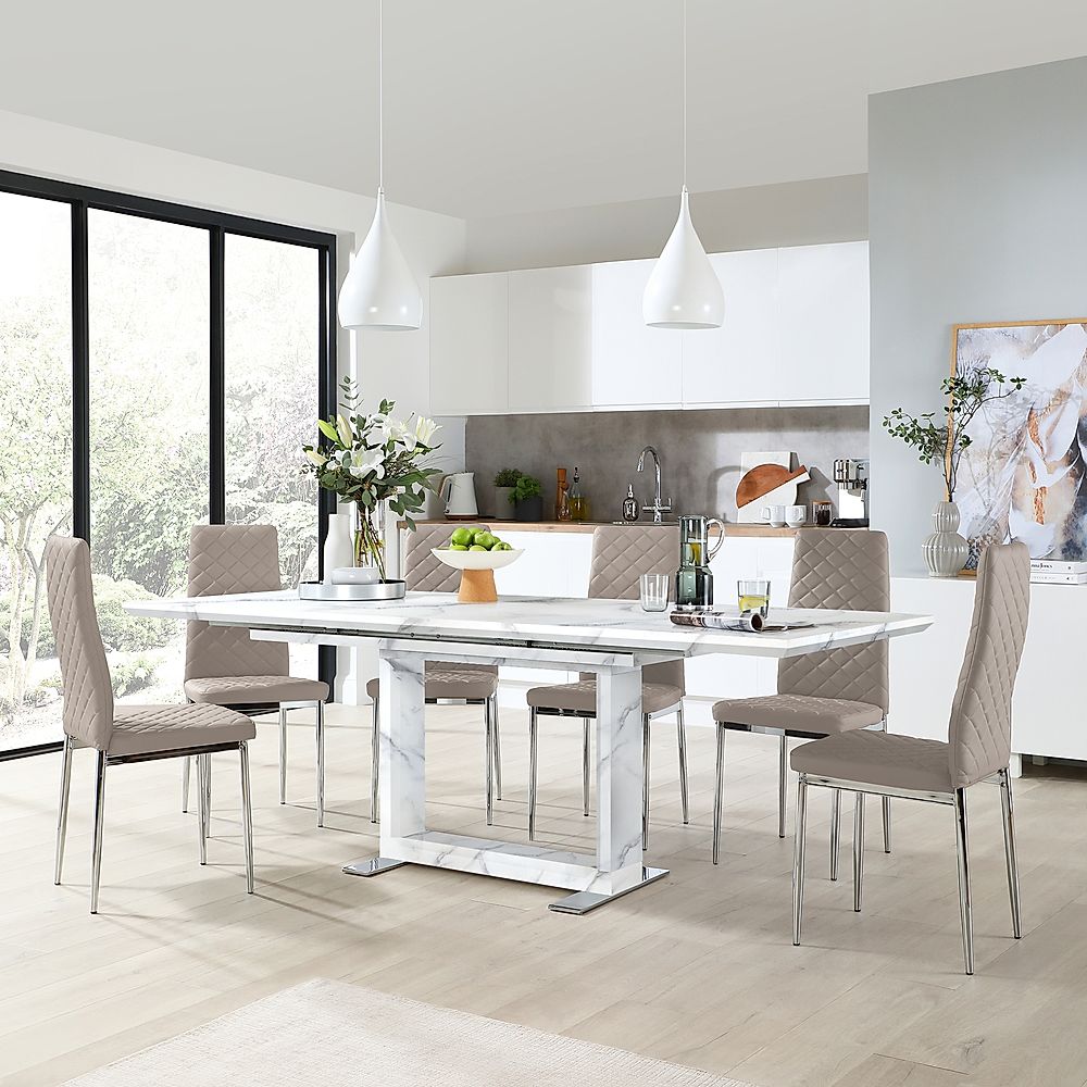 Tokyo Extending Dining Table & 6 Renzo Chairs, White Marble Effect ...