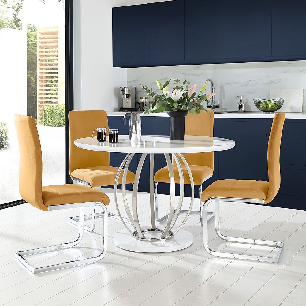 Savoy Round White High Gloss And Chrome Dining Table With 4 Perth Mustard Velvet Chairs Only £ 1010