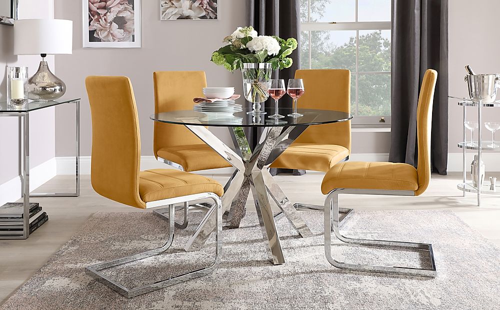 Plaza Round Dining Table And 4 Perth Chairs Glass And Chrome Mustard