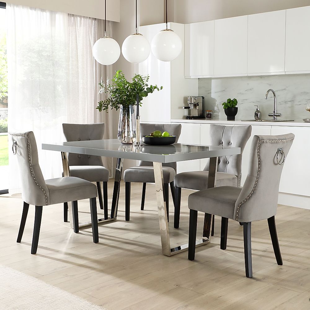 Milento Dining Table & 6 Kensington Chairs, Grey High Gloss & Chrome ...