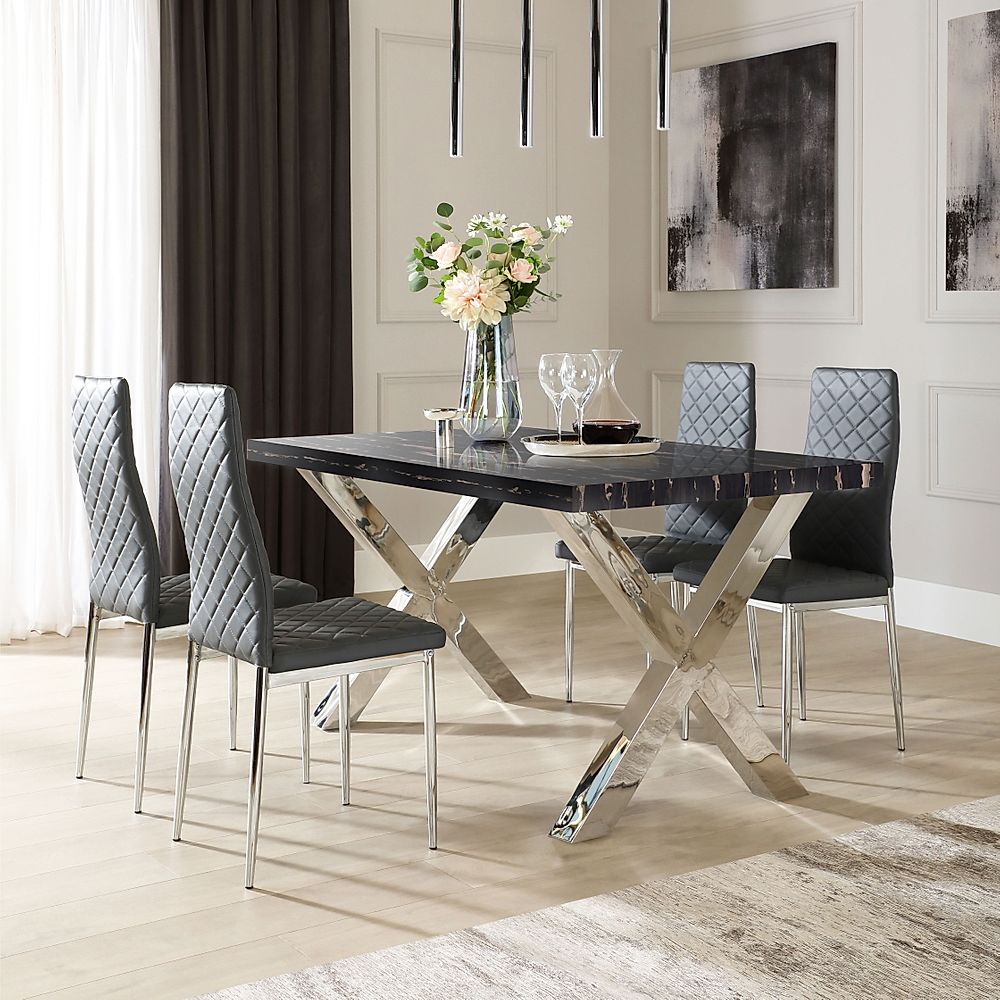 Carrera Dining Table & 4 Renzo Chairs, Black, Chrome, Marble Effect ...