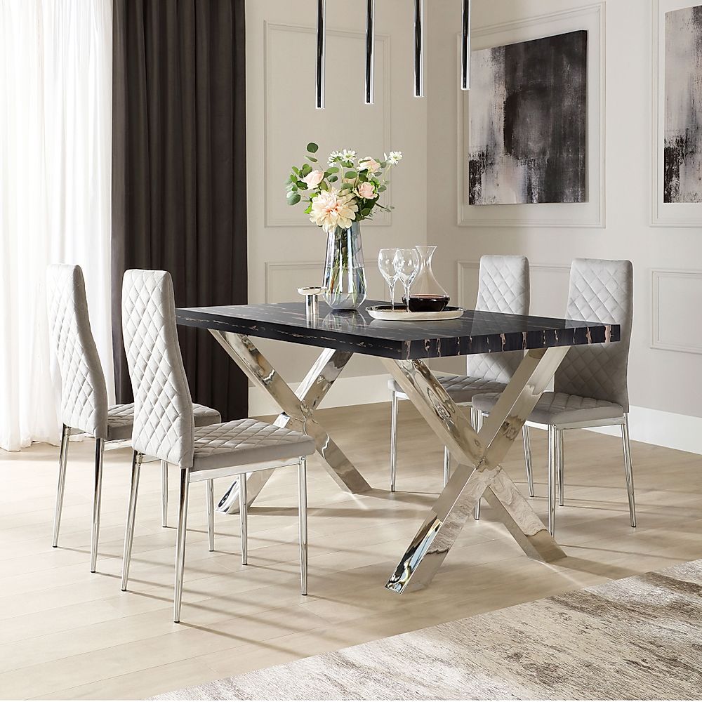 Carrera Dining Table & 4 Renzo Chairs, Black Marble Effect & Chrome ...