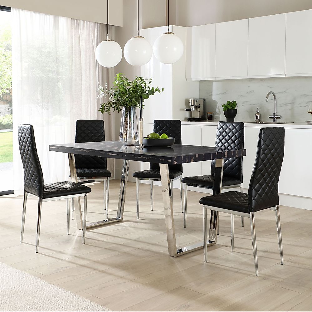 Milento Dining Table & 6 Renzo Chairs, Black Marble Effect & Chrome ...