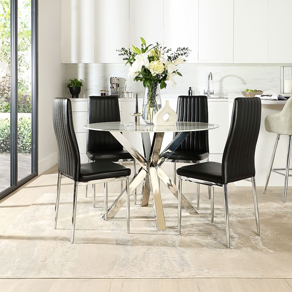 Plaza Round Dining Table And 4 Leon Chairs White Marble Effect And Chrome