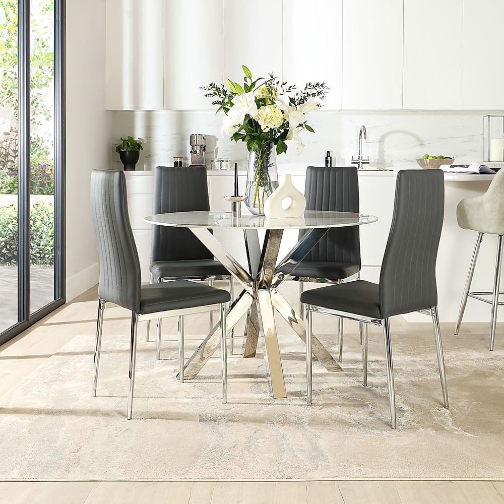 Plaza Round Dining Table And 4 Leon Chairs White Marble Effect And Chrome Grey Classic Faux 8037