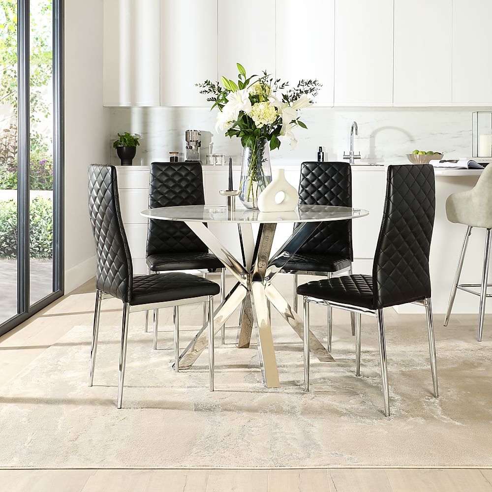 Plaza Round Dining Table And 4 Renzo Chairs White Marble Effect And Chrome Black Classic Faux