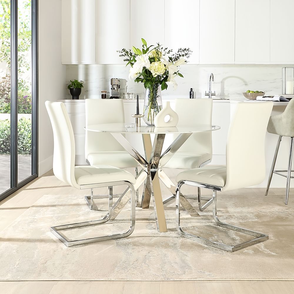 Plaza Round Dining Table And 4 Perth Chairs White Marble Effect And Chrome White Classic Faux 1551