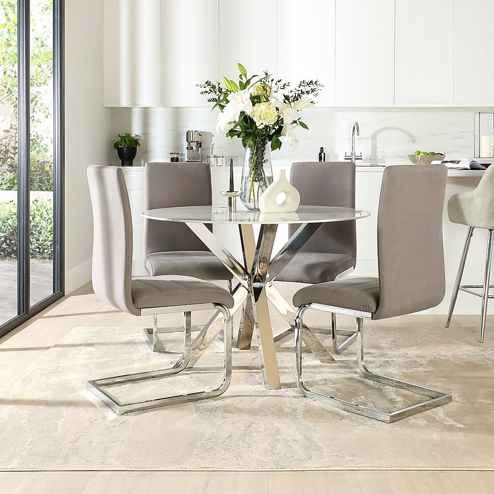 Plaza Round White Marble And Chrome Dining Table With 4 Perth Grey Velvet Chairs Furniture And 0530