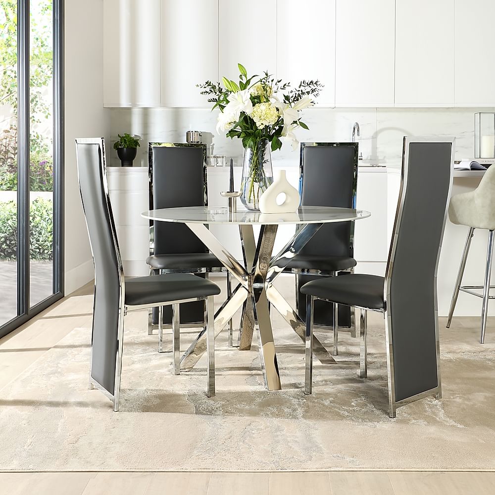 Plaza Round Dining Table & 4 Celeste Chairs, White Marble Effect ...