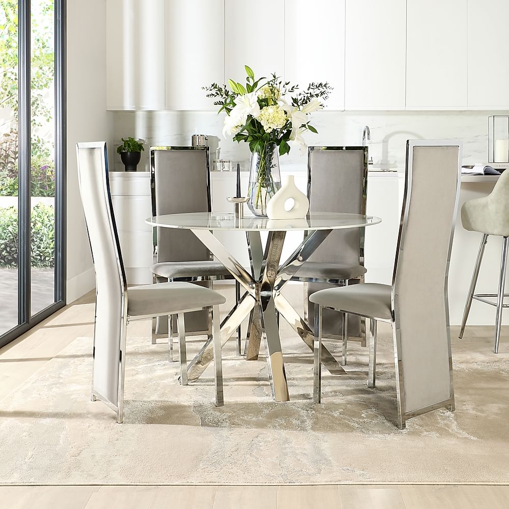 Plaza Round White Marble And Chrome Dining Table With 4 Celeste Grey Velvet Chairs Furniture 4395