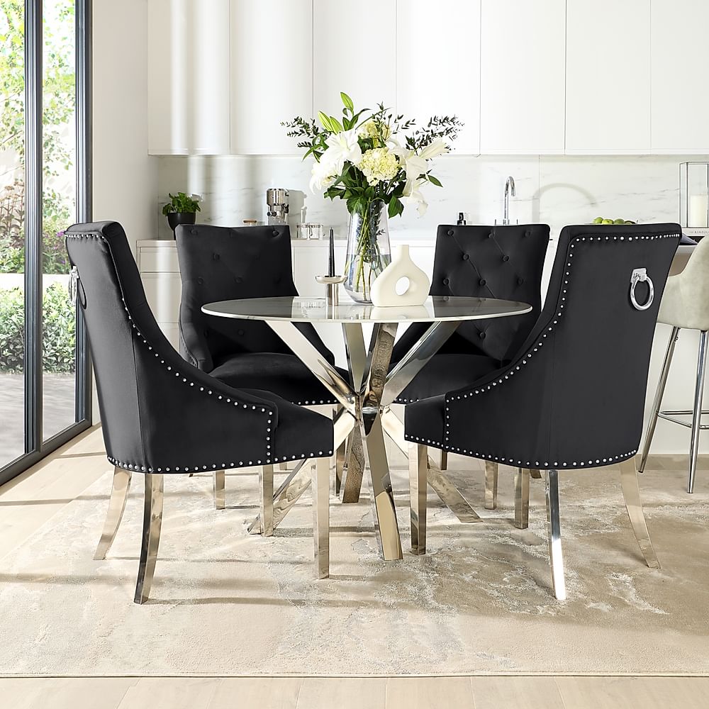 Plaza Round Dining Table And 4 Imperial Chairs White Marble Effect And Chrome Black Classic Velvet 2693