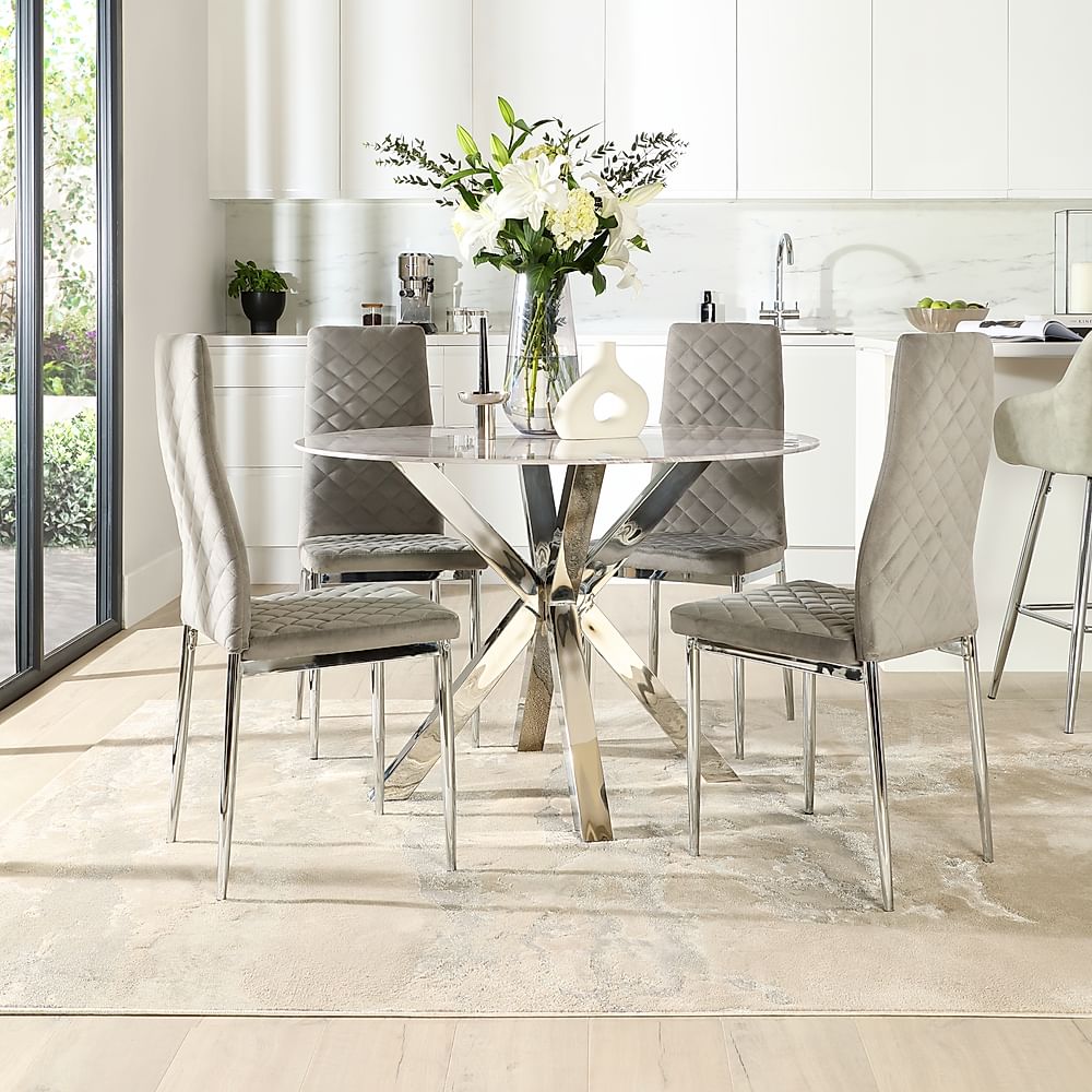 Plaza Round Dining Table & 4 Renzo Chairs, Grey Marble Effect & Chrome ...